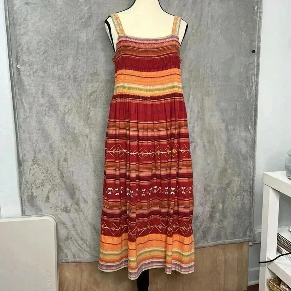 Coldwater Creek Sz 6 Stripe Cotton Embroidered Smocked Cottagecore Hippie Dress‎ - Picture 11 of 16